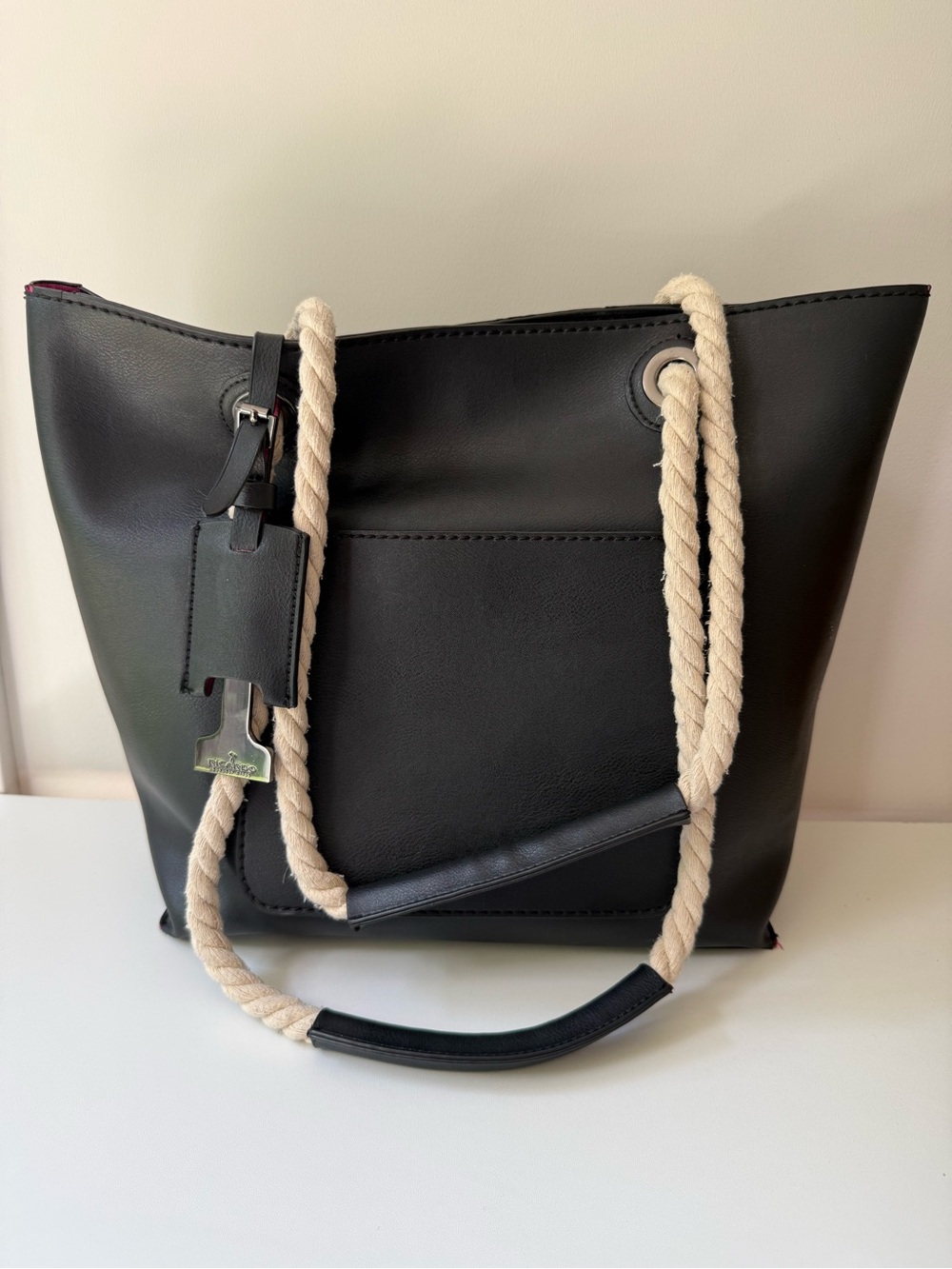 Classic Black Hobo Tote with Contrast Rope Straps